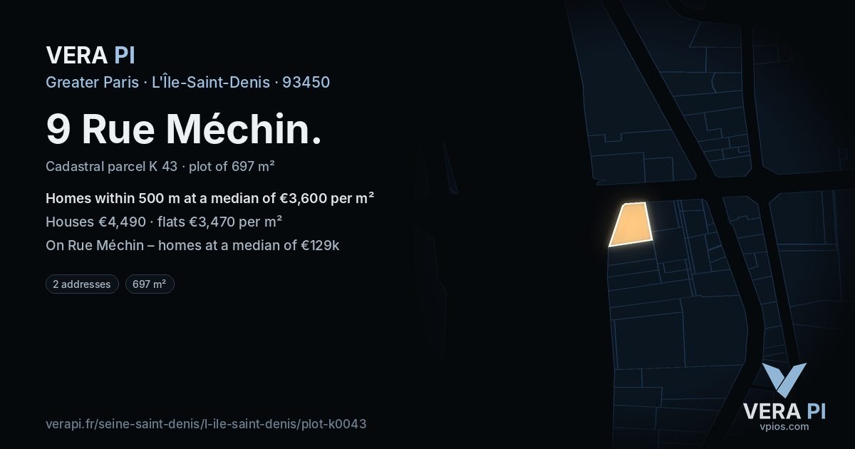 9 Rue Méchin, L'Île-Saint-Denis at night – the plot lit, the parcels around coloured by the prices near them