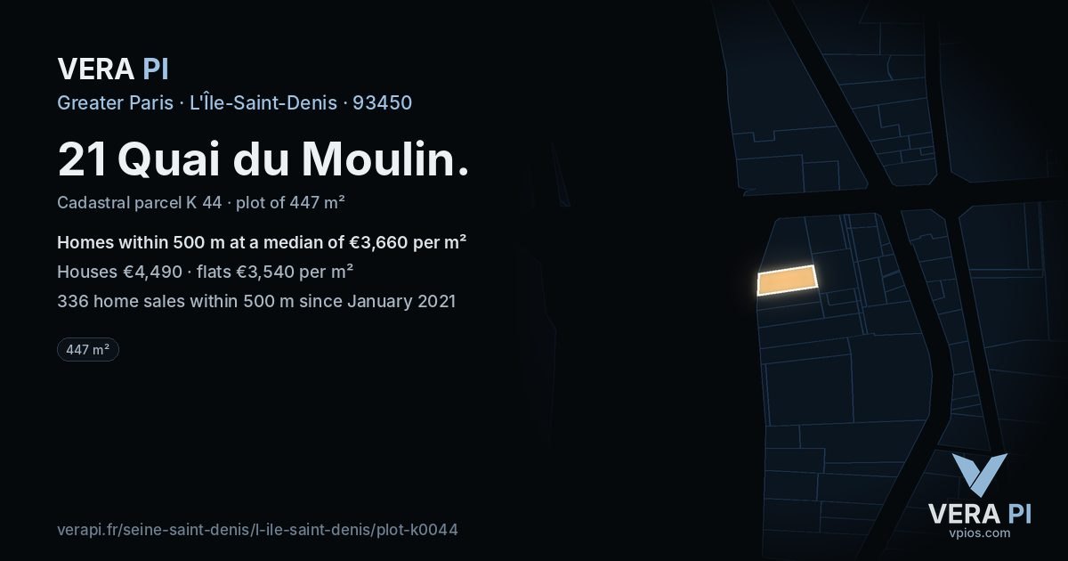 21 Quai du Moulin, L'Île-Saint-Denis at night – the plot lit, the parcels around coloured by the prices near them