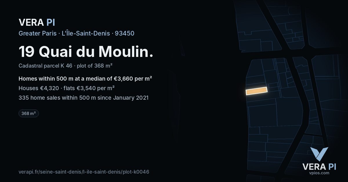 19 Quai du Moulin, L'Île-Saint-Denis at night – the plot lit, the parcels around coloured by the prices near them