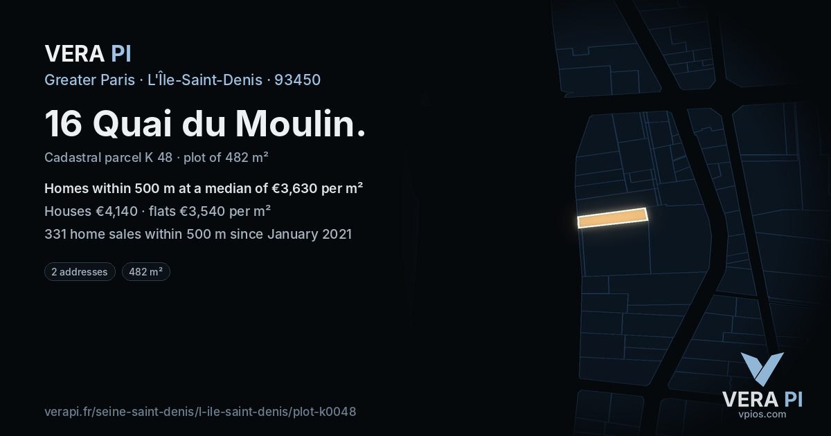 16 Quai du Moulin, L'Île-Saint-Denis at night – the plot lit, the parcels around coloured by the prices near them