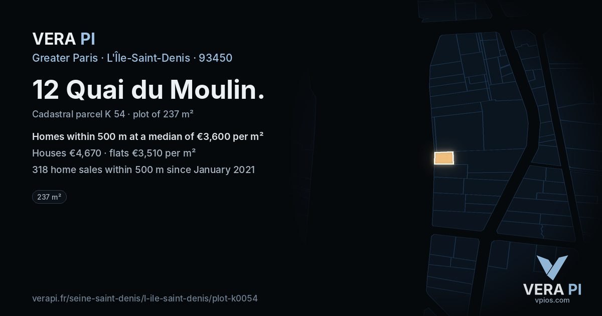 12 Quai du Moulin, L'Île-Saint-Denis at night – the plot lit, the parcels around coloured by the prices near them