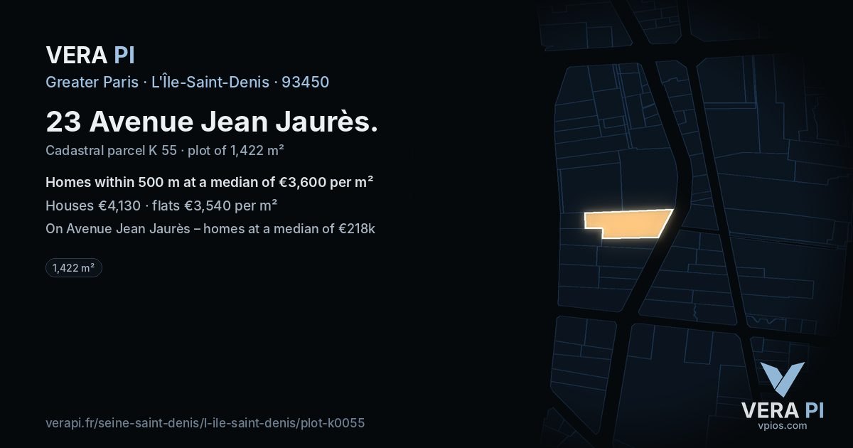 23 Avenue Jean Jaurès, L'Île-Saint-Denis at night – the plot lit, the parcels around coloured by the prices near them