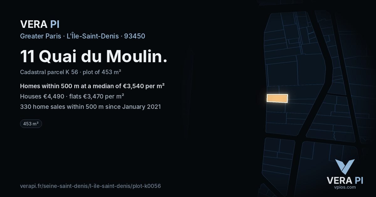 11 Quai du Moulin, L'Île-Saint-Denis at night – the plot lit, the parcels around coloured by the prices near them