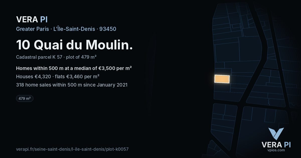 10 Quai du Moulin, L'Île-Saint-Denis at night – the plot lit, the parcels around coloured by the prices near them