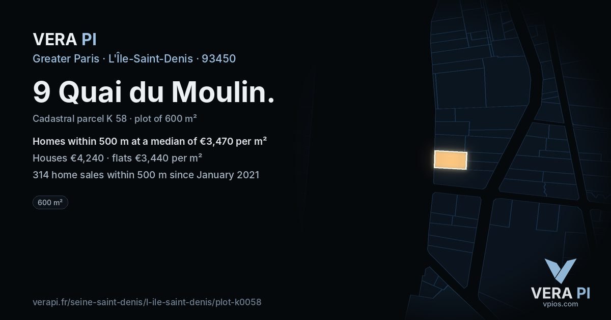 9 Quai du Moulin, L'Île-Saint-Denis at night – the plot lit, the parcels around coloured by the prices near them