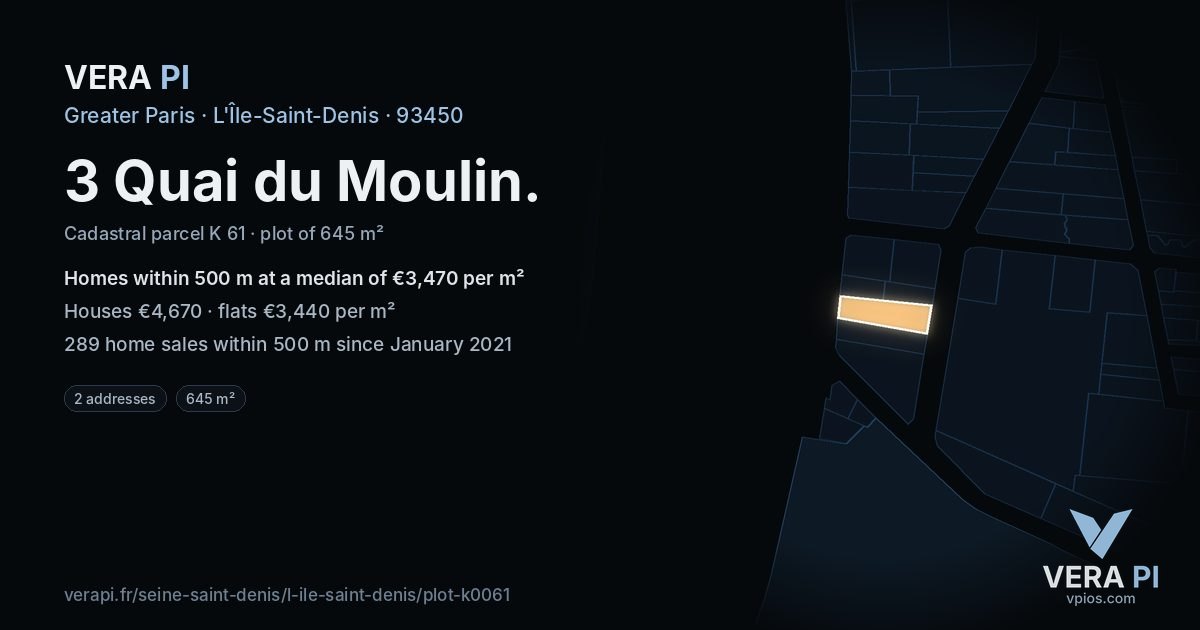 3 Quai du Moulin, L'Île-Saint-Denis at night – the plot lit, the parcels around coloured by the prices near them
