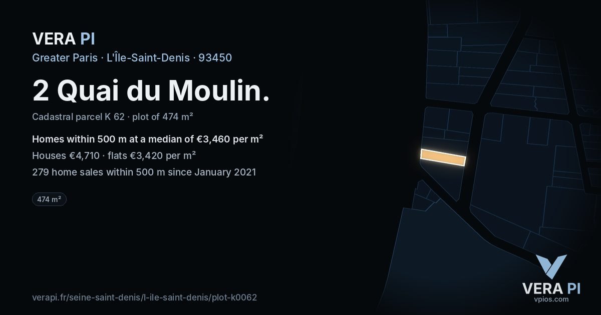 2 Quai du Moulin, L'Île-Saint-Denis at night – the plot lit, the parcels around coloured by the prices near them