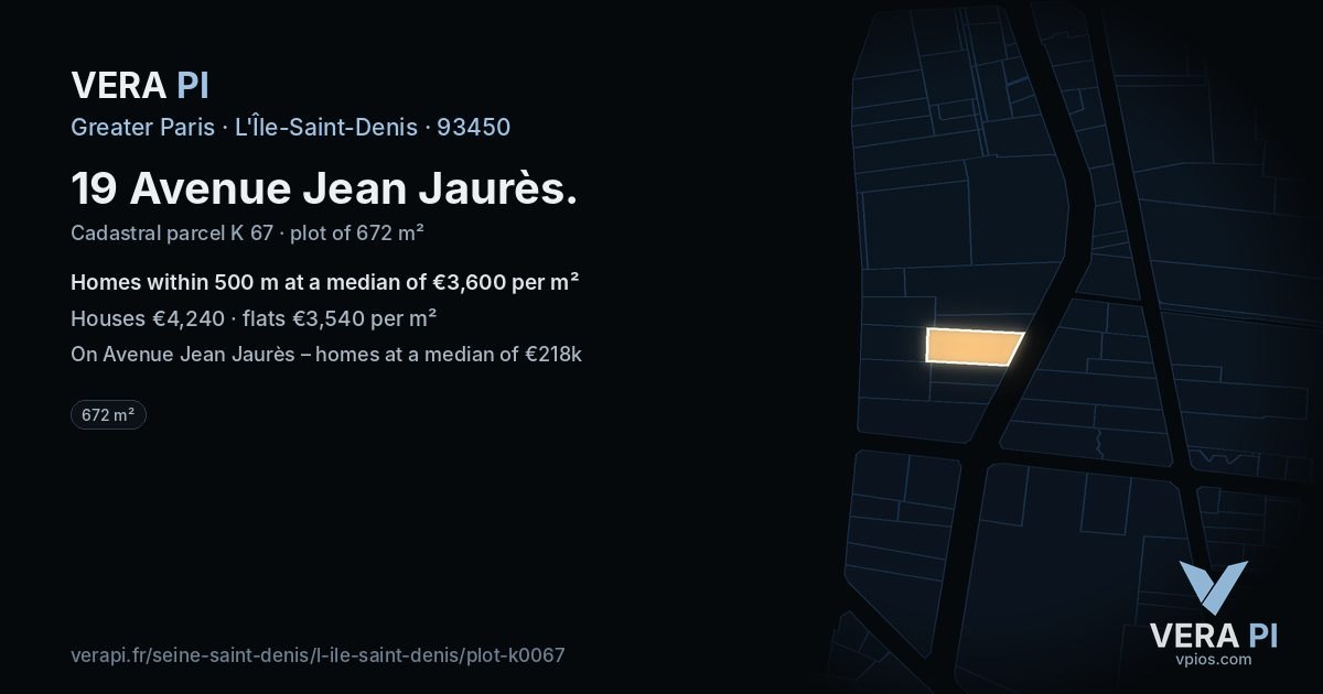 19 Avenue Jean Jaurès, L'Île-Saint-Denis at night – the plot lit, the parcels around coloured by the prices near them