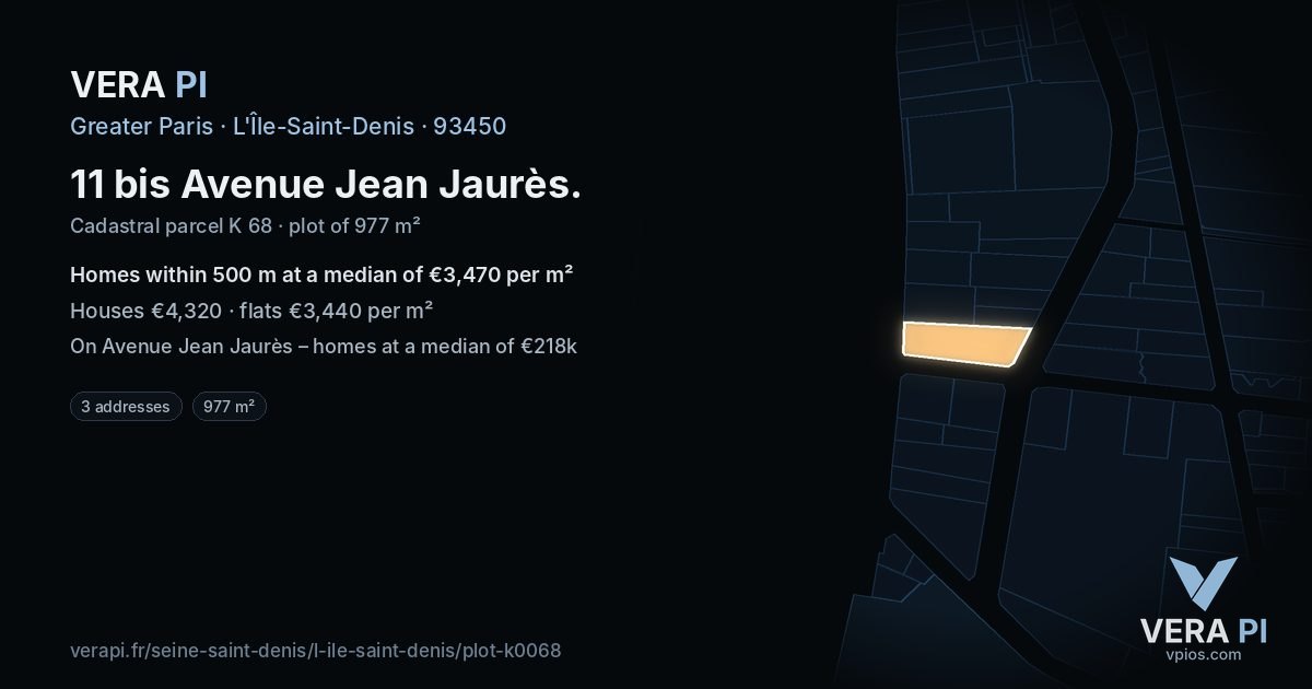 11 bis Avenue Jean Jaurès, L'Île-Saint-Denis at night – the plot lit, the parcels around coloured by the prices near them