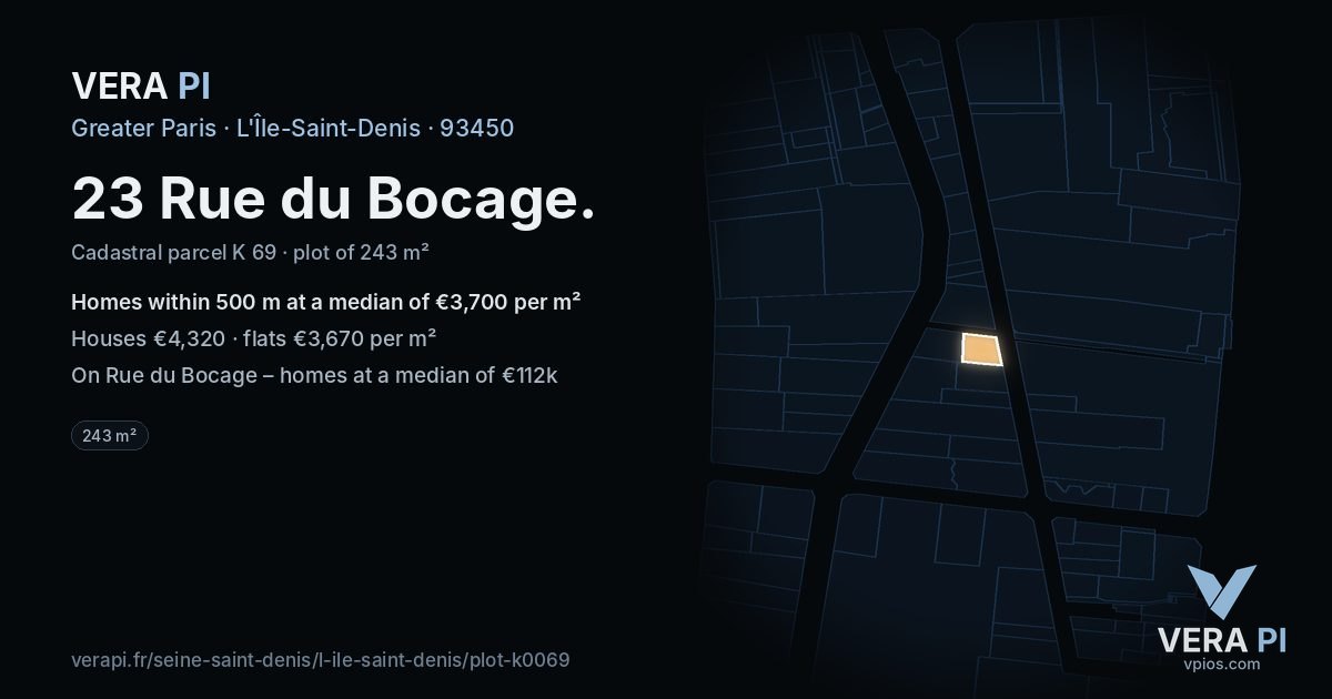 23 Rue du Bocage, L'Île-Saint-Denis at night – the plot lit, the parcels around coloured by the prices near them