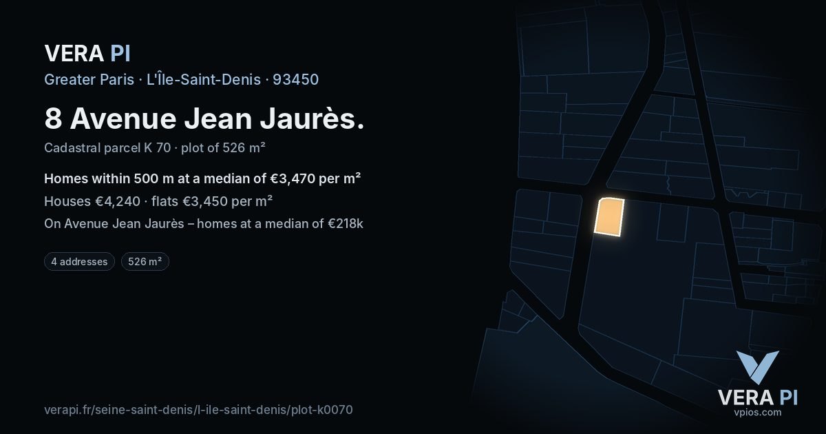 8 Avenue Jean Jaurès, L'Île-Saint-Denis at night – the plot lit, the parcels around coloured by the prices near them