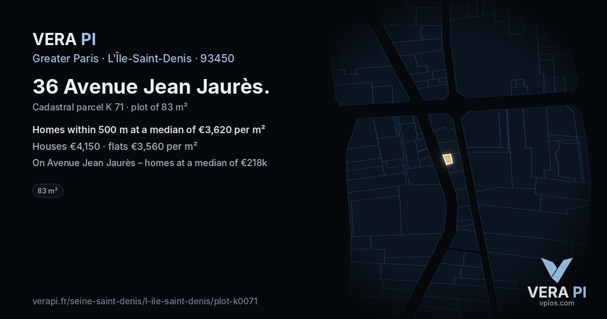 36 Avenue Jean Jaurès, L'Île-Saint-Denis at night – the plot lit, the parcels around coloured by the prices near them