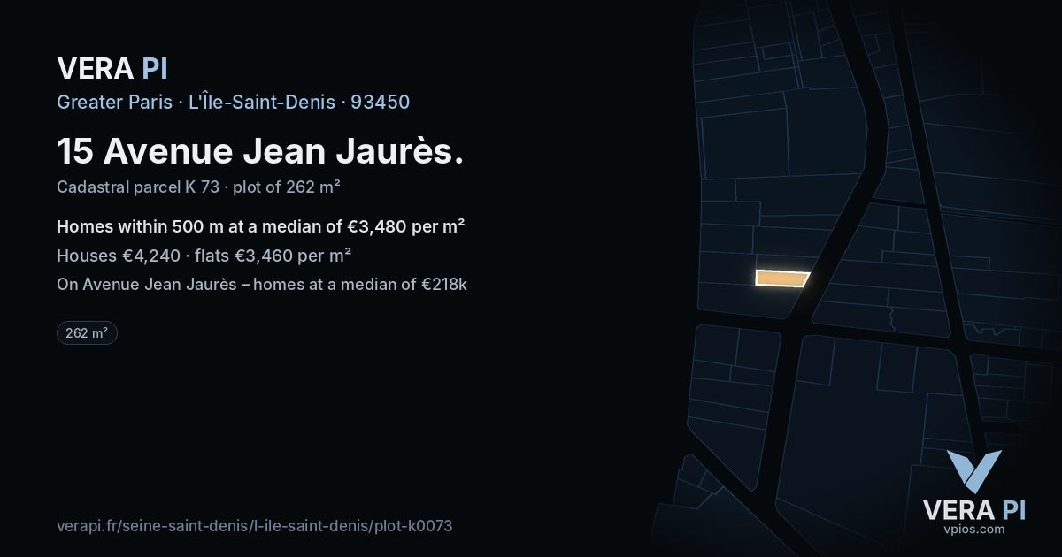 15 Avenue Jean Jaurès, L'Île-Saint-Denis at night – the plot lit, the parcels around coloured by the prices near them