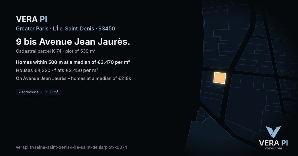 9 bis Avenue Jean Jaurès, L'Île-Saint-Denis at night – the plot lit, the parcels around coloured by the prices near them