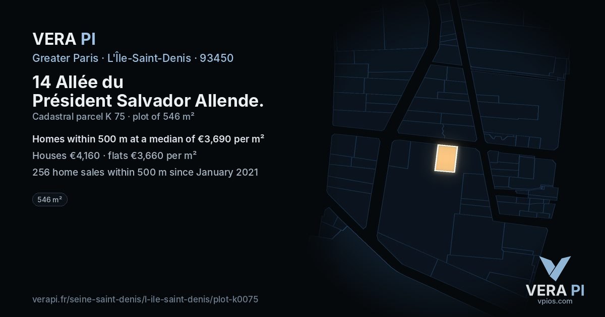 14 Allée du Président Salvador Allende, L'Île-Saint-Denis at night – the plot lit, the parcels around coloured by the prices near them