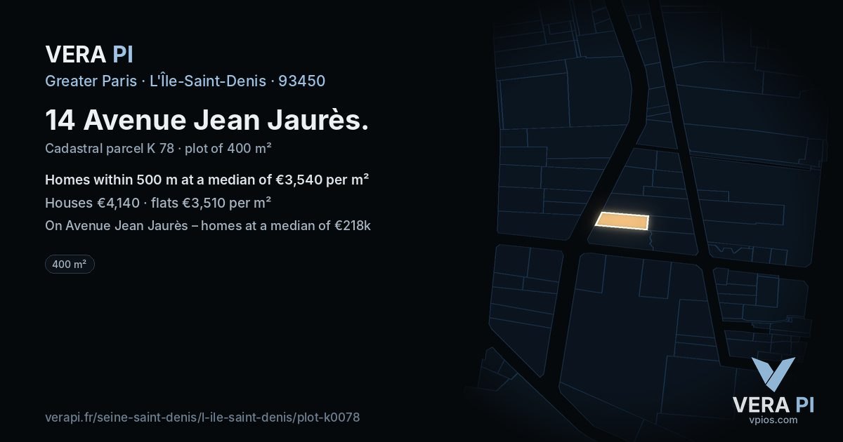 14 Avenue Jean Jaurès, L'Île-Saint-Denis at night – the plot lit, the parcels around coloured by the prices near them