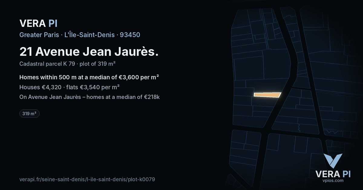 21 Avenue Jean Jaurès, L'Île-Saint-Denis at night – the plot lit, the parcels around coloured by the prices near them