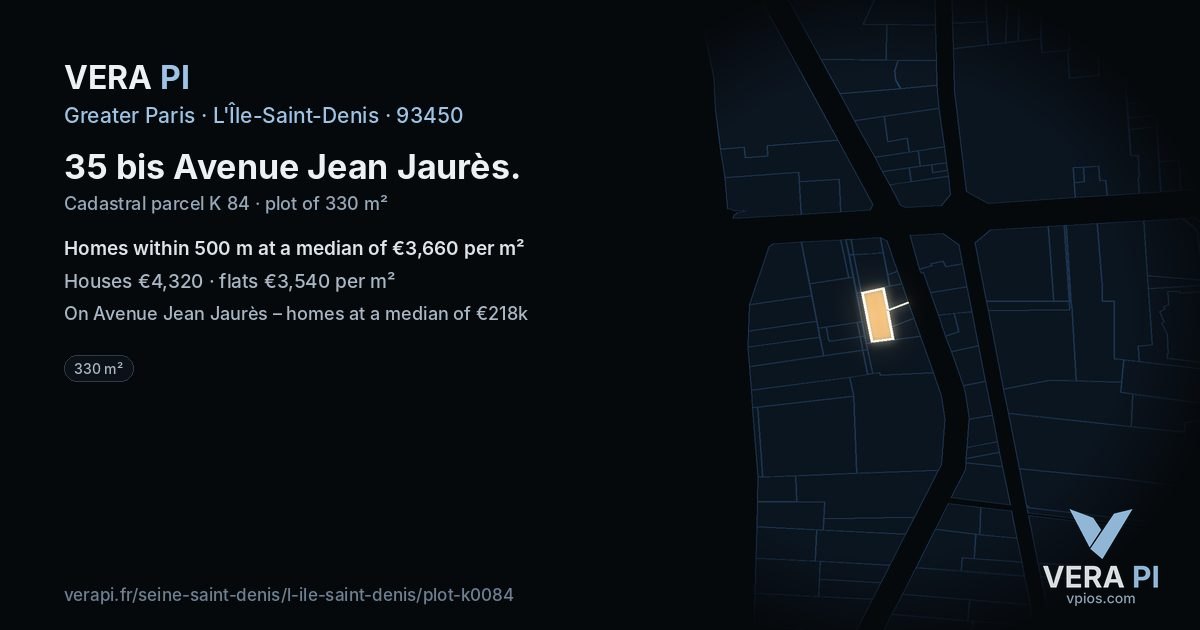 35 bis Avenue Jean Jaurès, L'Île-Saint-Denis at night – the plot lit, the parcels around coloured by the prices near them