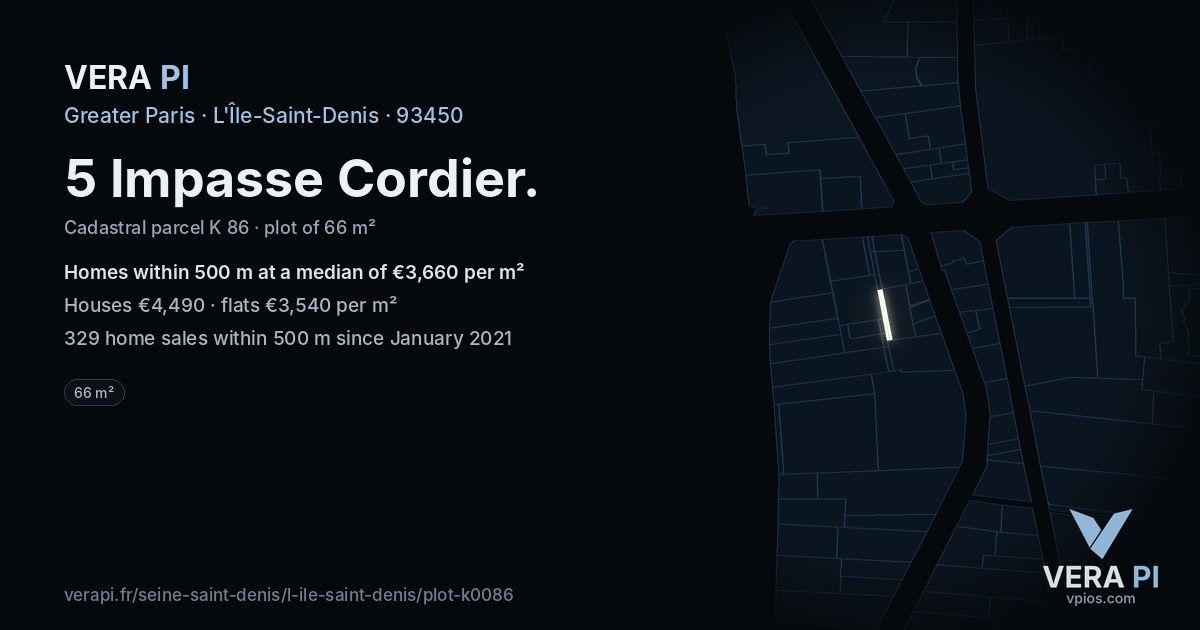 5 Impasse Cordier, L'Île-Saint-Denis at night – the plot lit, the parcels around coloured by the prices near them