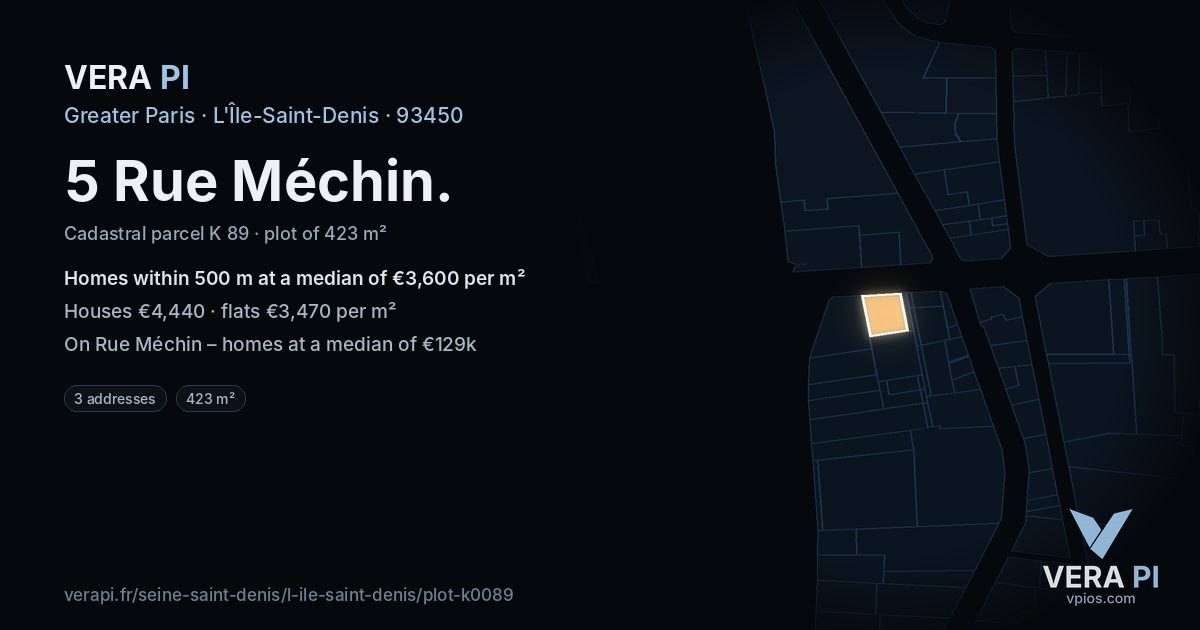5 Rue Méchin, L'Île-Saint-Denis at night – the plot lit, the parcels around coloured by the prices near them