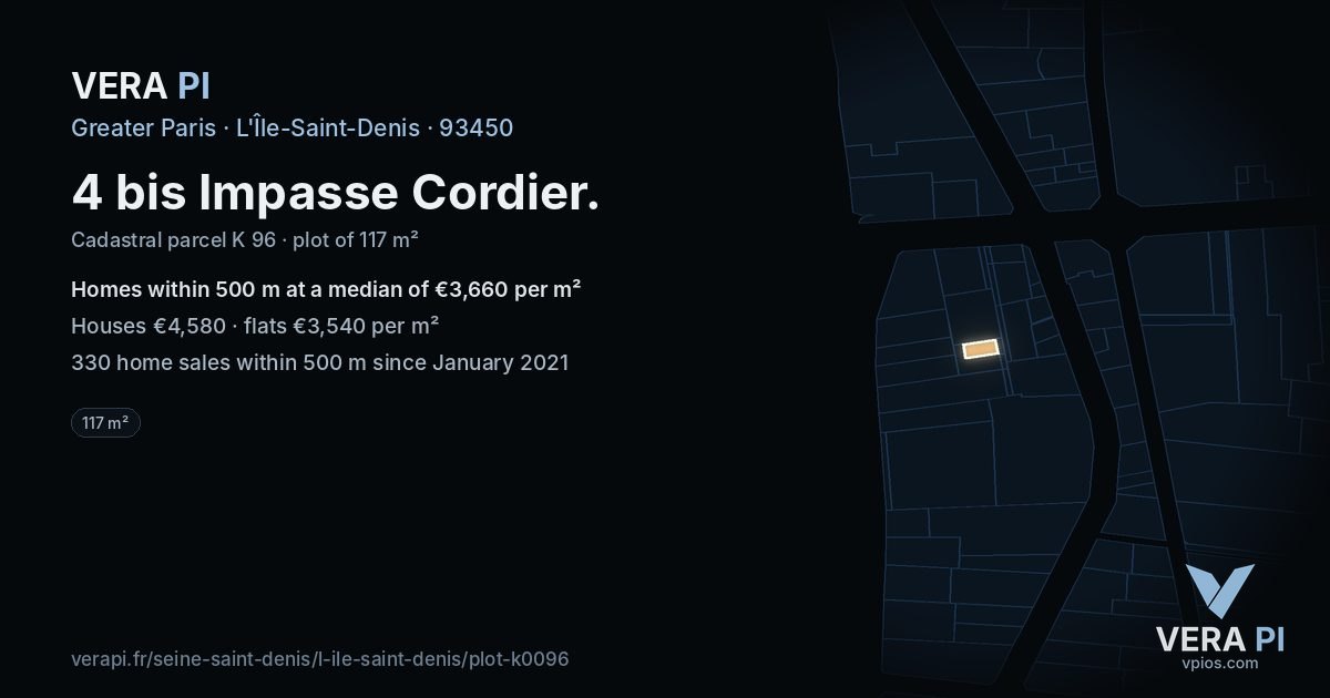 4 bis Impasse Cordier, L'Île-Saint-Denis at night – the plot lit, the parcels around coloured by the prices near them