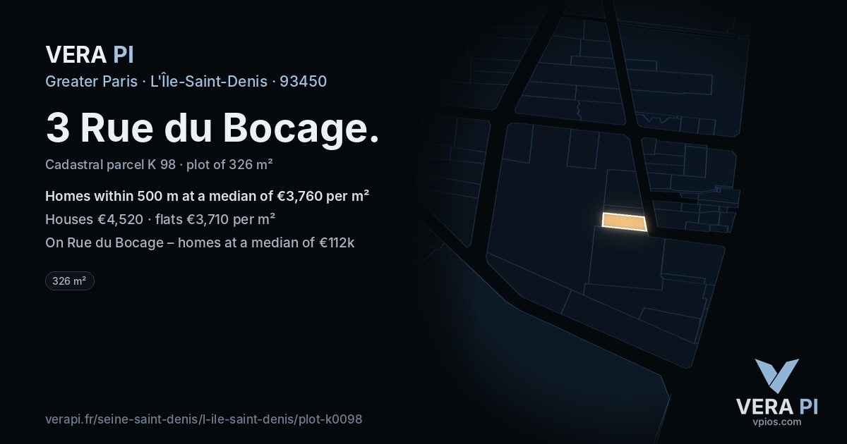 3 Rue du Bocage, L'Île-Saint-Denis at night – the plot lit, the parcels around coloured by the prices near them