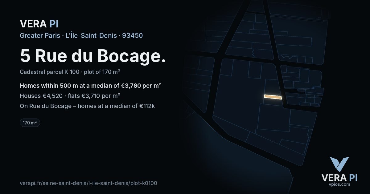 5 Rue du Bocage, L'Île-Saint-Denis at night – the plot lit, the parcels around coloured by the prices near them