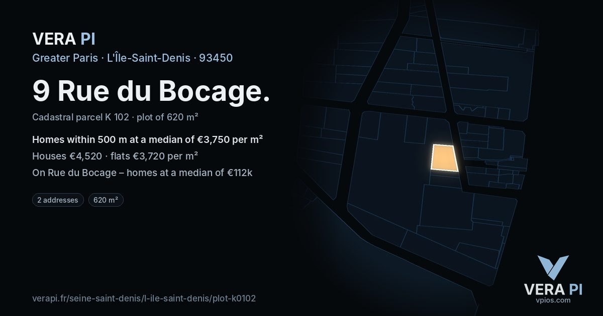 9 Rue du Bocage, L'Île-Saint-Denis at night – the plot lit, the parcels around coloured by the prices near them