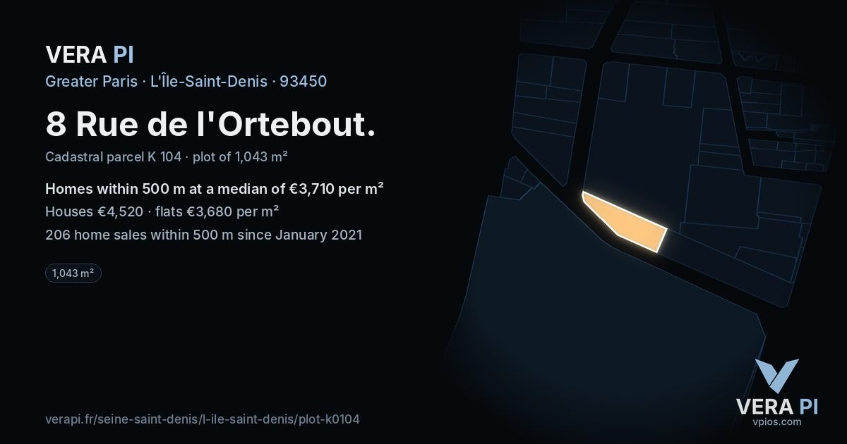 8 Rue de l'Ortebout, L'Île-Saint-Denis at night – the plot lit, the parcels around coloured by the prices near them