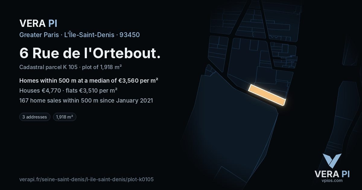 6 Rue de l'Ortebout, L'Île-Saint-Denis at night – the plot lit, the parcels around coloured by the prices near them