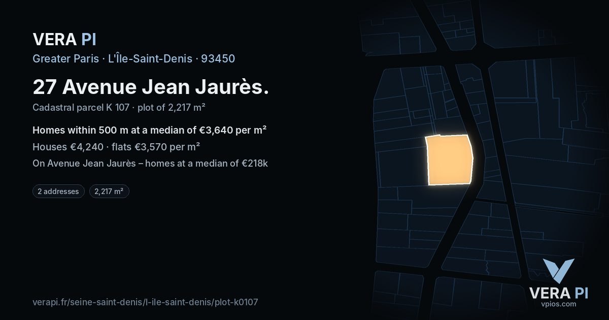 27 Avenue Jean Jaurès, L'Île-Saint-Denis at night – the plot lit, the parcels around coloured by the prices near them