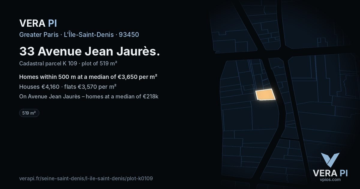 33 Avenue Jean Jaurès, L'Île-Saint-Denis at night – the plot lit, the parcels around coloured by the prices near them