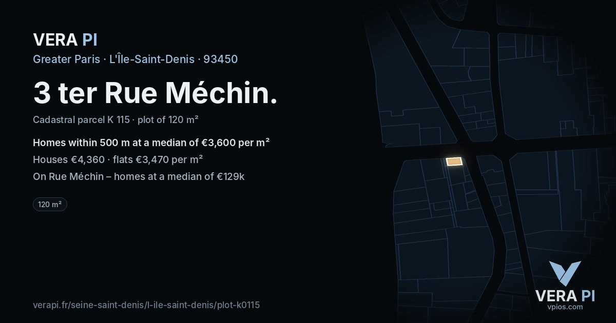 3 ter Rue Méchin, L'Île-Saint-Denis at night – the plot lit, the parcels around coloured by the prices near them