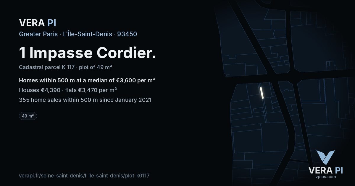 1 Impasse Cordier, L'Île-Saint-Denis at night – the plot lit, the parcels around coloured by the prices near them