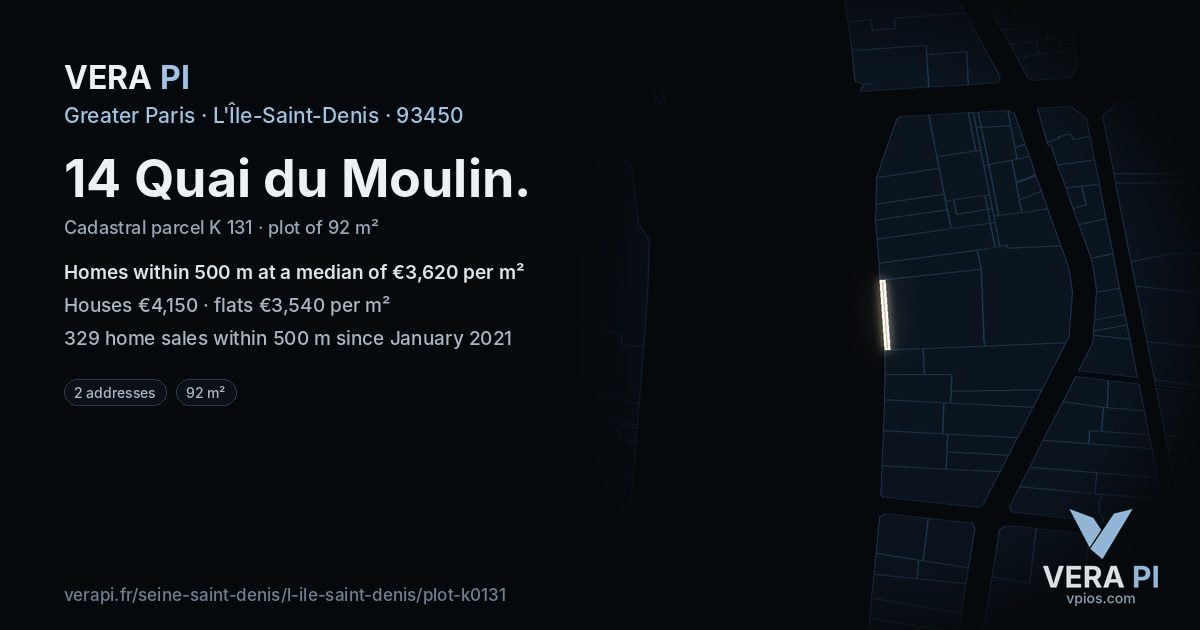 14 Quai du Moulin, L'Île-Saint-Denis at night – the plot lit, the parcels around coloured by the prices near them