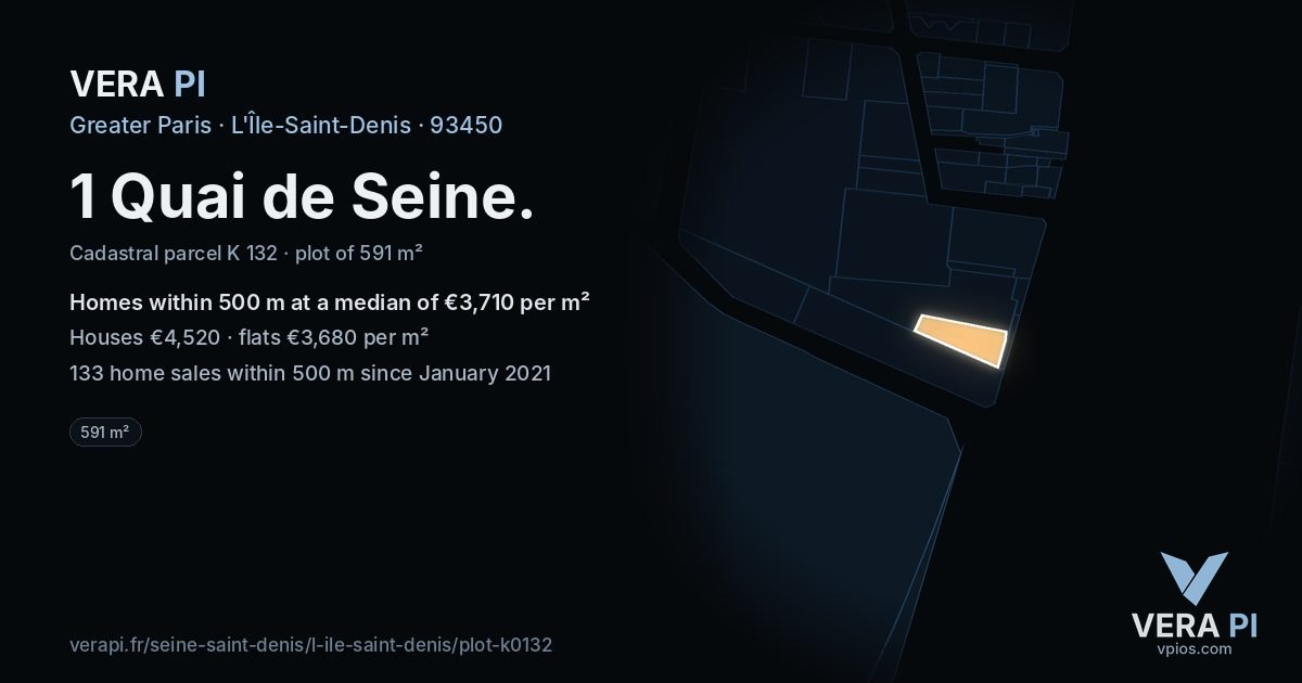 1 Quai de Seine, L'Île-Saint-Denis at night – the plot lit, the parcels around coloured by the prices near them