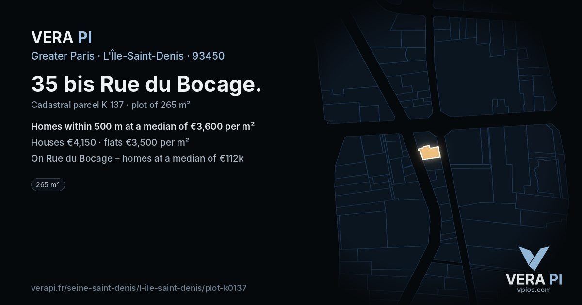 35 bis Rue du Bocage, L'Île-Saint-Denis at night – the plot lit, the parcels around coloured by the prices near them