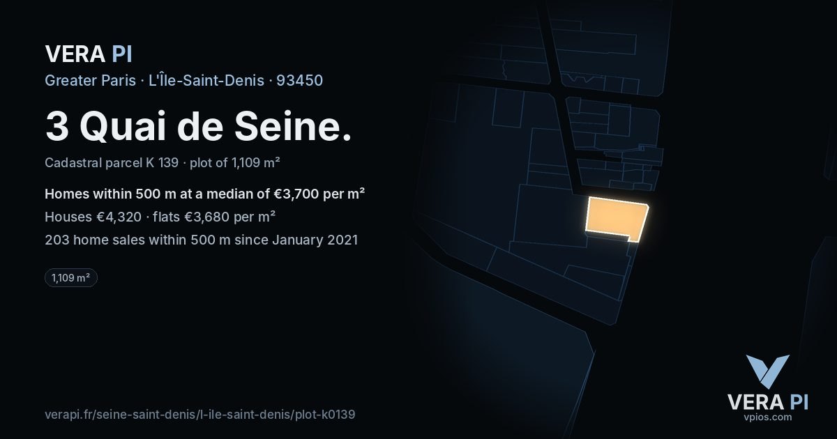 3 Quai de Seine, L'Île-Saint-Denis at night – the plot lit, the parcels around coloured by the prices near them