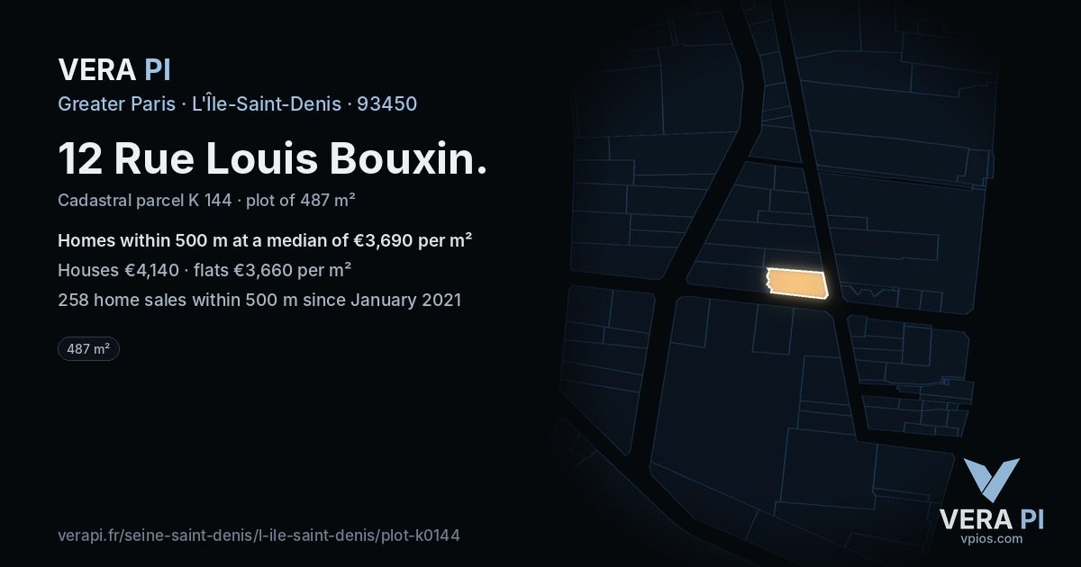 12 Rue Louis Bouxin, L'Île-Saint-Denis at night – the plot lit, the parcels around coloured by the prices near them