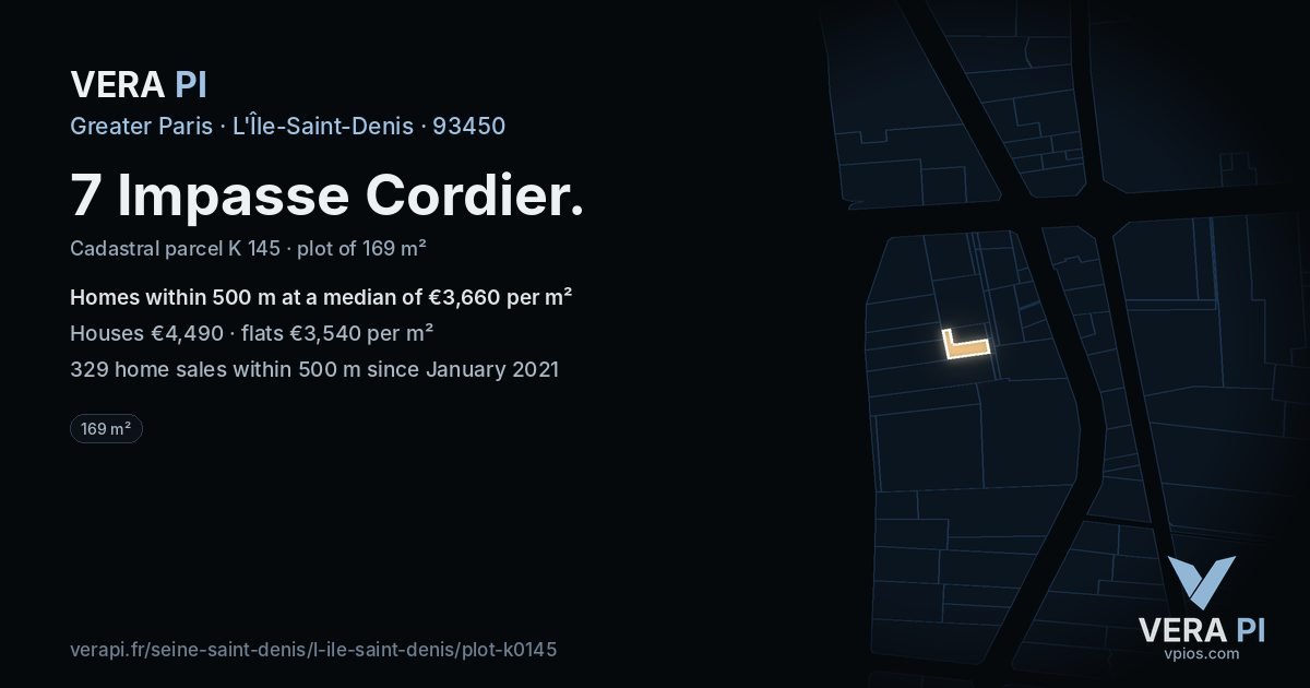 7 Impasse Cordier, L'Île-Saint-Denis at night – the plot lit, the parcels around coloured by the prices near them