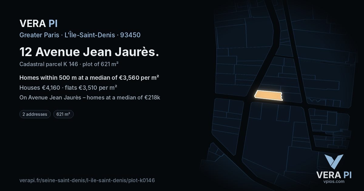 12 Avenue Jean Jaurès, L'Île-Saint-Denis at night – the plot lit, the parcels around coloured by the prices near them