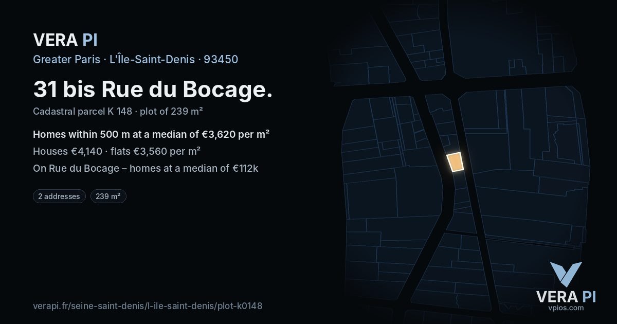 31 bis Rue du Bocage, L'Île-Saint-Denis at night – the plot lit, the parcels around coloured by the prices near them