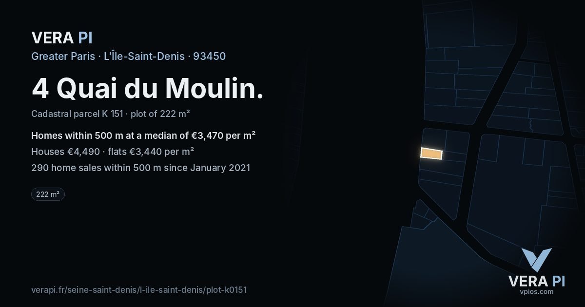 4 Quai du Moulin, L'Île-Saint-Denis at night – the plot lit, the parcels around coloured by the prices near them