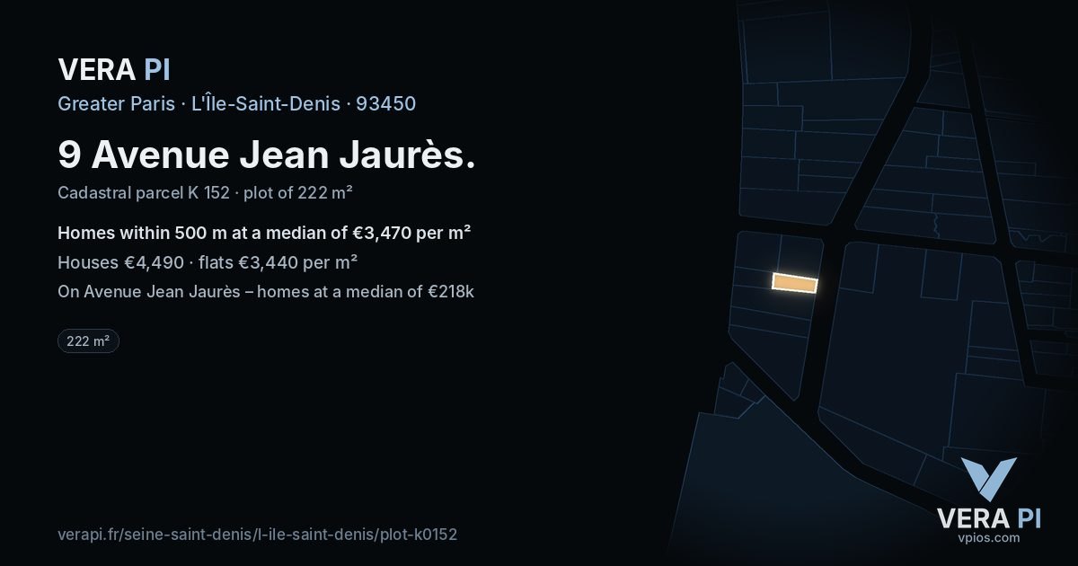 9 Avenue Jean Jaurès, L'Île-Saint-Denis at night – the plot lit, the parcels around coloured by the prices near them