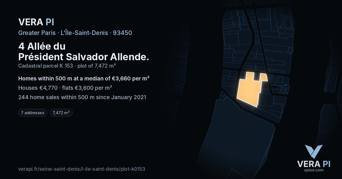 4 Allée du Président Salvador Allende, L'Île-Saint-Denis at night – the plot lit, the parcels around coloured by the prices near them
