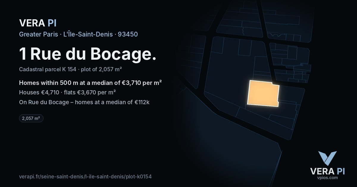 1 Rue du Bocage, L'Île-Saint-Denis at night – the plot lit, the parcels around coloured by the prices near them