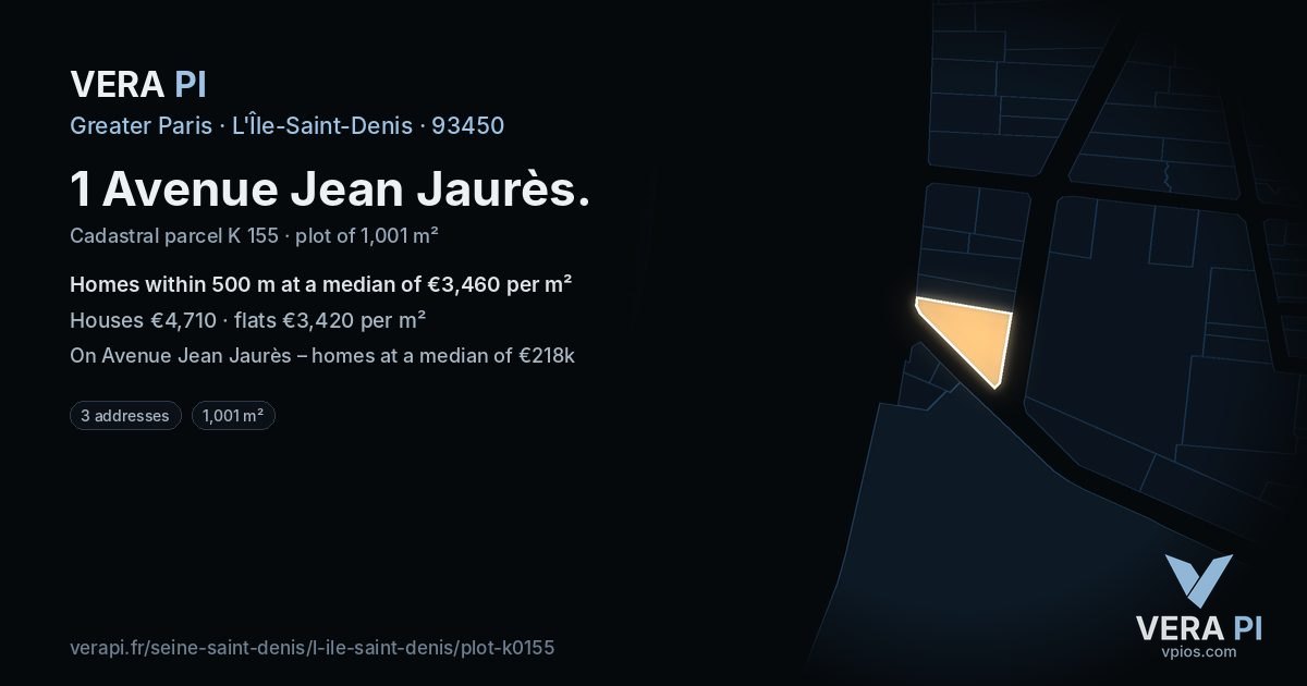 1 Avenue Jean Jaurès, L'Île-Saint-Denis at night – the plot lit, the parcels around coloured by the prices near them