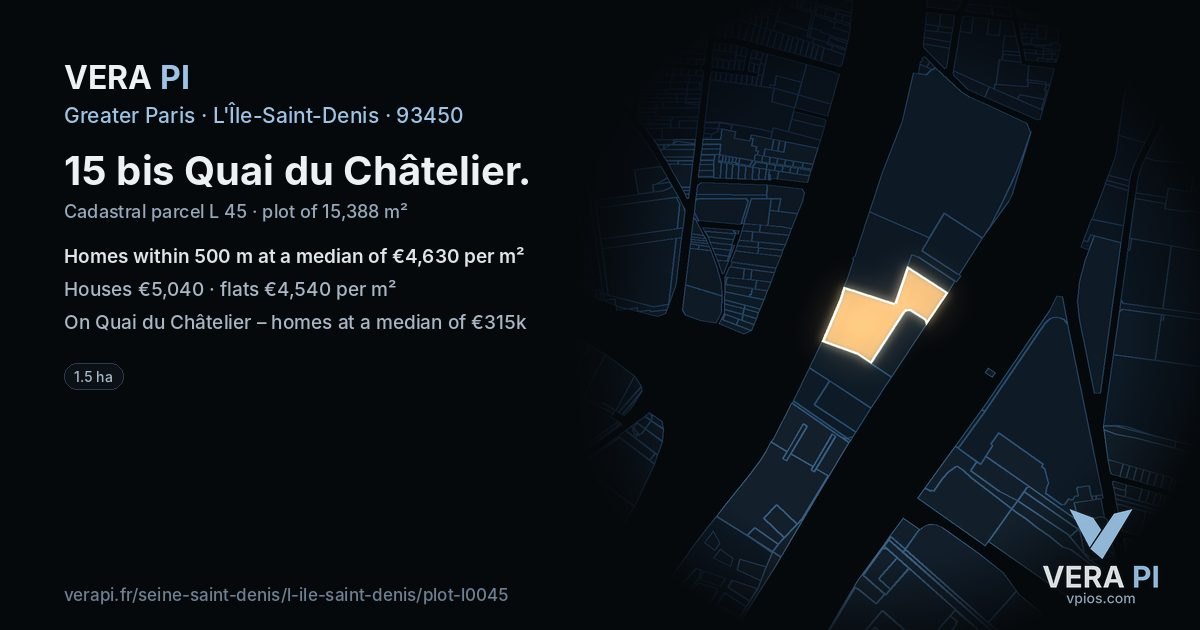 15 bis Quai du Châtelier, L'Île-Saint-Denis at night – the plot lit, the parcels around coloured by the prices near them
