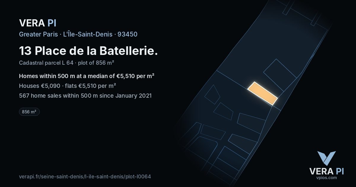13 Place de la Batellerie, L'Île-Saint-Denis at night – the plot lit, the parcels around coloured by the prices near them