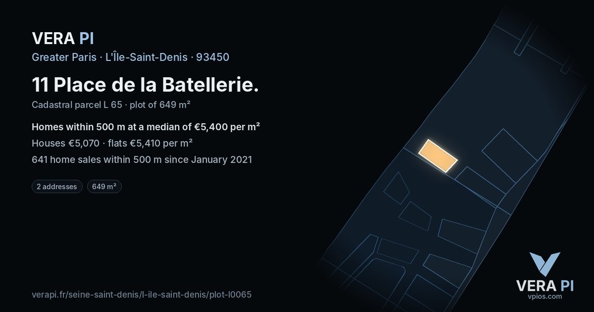 11 Place de la Batellerie, L'Île-Saint-Denis at night – the plot lit, the parcels around coloured by the prices near them